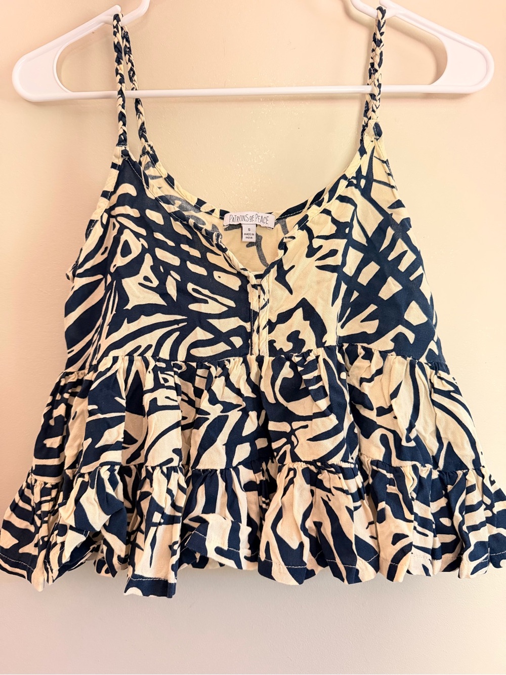 Patrons of Peace Navy and Cream Printed Ruffle Camisole
